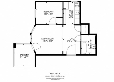 Floor plan for 1 bed, 1 bath, 500 sqft
